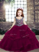 Low Price Fuchsia Lace Up Pageant Dress Toddler Beading and Ruffles Sleeveless Floor Length