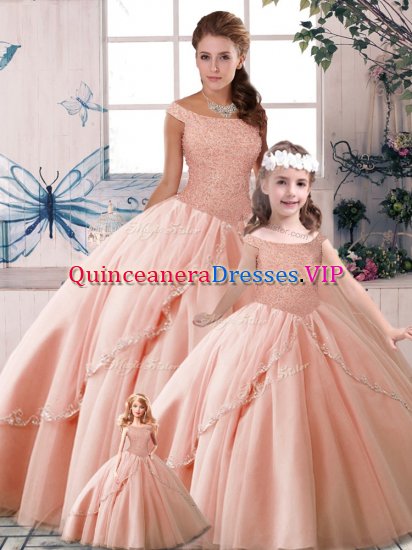 Elegant Tulle Off The Shoulder Sleeveless Brush Train Lace Up Beading Quinceanera Dresses in Peach - Click Image to Close