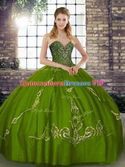 Discount Sweetheart Sleeveless Sweet 16 Dress Floor Length Beading and Embroidery Olive Green Tulle - Click Image to Close