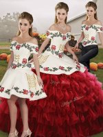 Free and Easy Wine Red Organza Lace Up Off The Shoulder Sleeveless Floor Length Quinceanera Dresses Embroidery and Ruffled Layers