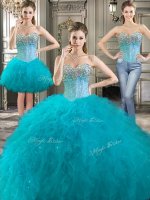 Enchanting Three Piece Aqua Blue Lace Up Sweetheart Beading and Ruffles Vestidos de Quinceanera Tulle Sleeveless