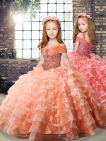 Dramatic Orange Straps Neckline Beading and Ruffled Layers Pageant Dresses Long Sleeves Lace Up