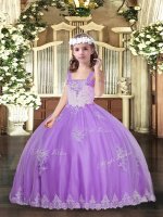 Fashion Lavender Tulle Lace Up Glitz Pageant Dress Sleeveless Floor Length Appliques