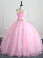 Custom Designed Floor Length Pink Ball Gown Prom Dress Organza Sleeveless Appliques and Hand Made Flower