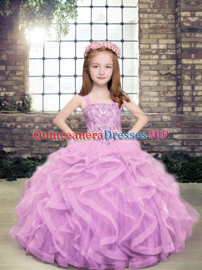 Lavender Ball Gowns Straps Sleeveless Tulle Floor Length Lace Up Beading and Ruffles Little Girls Pageant Dress - Click Image to Close