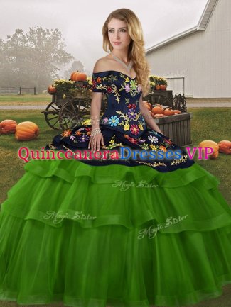 Custom Designed Tulle Sleeveless Quinceanera Dresses Brush Train and Embroidery and Ruffled Layers