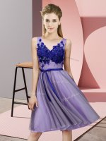 Ideal Lavender Dama Dress for Quinceanera Wedding Party with Appliques V-neck Sleeveless Lace Up