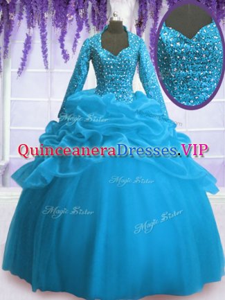 Baby Blue Long Sleeves Sequins and Pick Ups Floor Length Quinceanera Dress