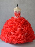 Elegant Red Sleeveless Floor Length Pick Ups and Hand Made Flower Lace Up Ball Gown Prom Dress
