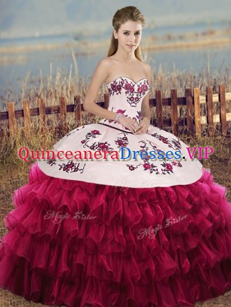 Clearance White And Red 15 Quinceanera Dress Military Ball and Sweet 16 and Quinceanera with Embroidery and Ruffled Layers and Bowknot Sweetheart Sleeveless Lace Up