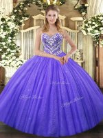 Deluxe Purple Ball Gowns Tulle Sweetheart Sleeveless Beading Floor Length Lace Up Sweet 16 Dresses