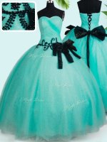 Fabulous Turquoise Tulle Lace Up Sweetheart Sleeveless Floor Length 15th Birthday Dress Beading and Bowknot