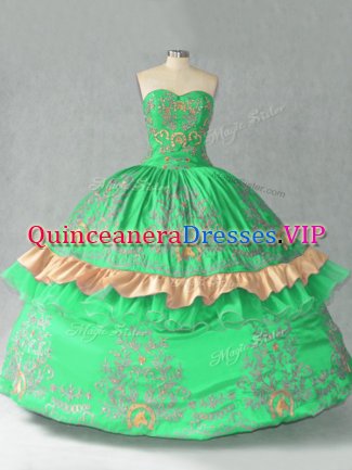 Enchanting Sleeveless Organza Floor Length Lace Up Quinceanera Gowns in Green with Embroidery and Bowknot