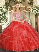 Captivating Coral Red Quinceanera Dresses Sweet 16 and Quinceanera with Beading and Ruffles Straps Sleeveless Lace Up