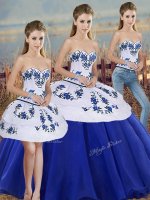 Royal Blue Tulle Lace Up Sweet 16 Dress Sleeveless Floor Length Embroidery and Bowknot