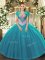Stylish Sweetheart Sleeveless 15 Quinceanera Dress Floor Length Beading Aqua Blue Tulle