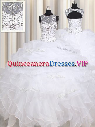Inexpensive Straps White Ball Gowns Beading and Ruffles Quinceanera Dresses Lace Up Organza Sleeveless Floor Length