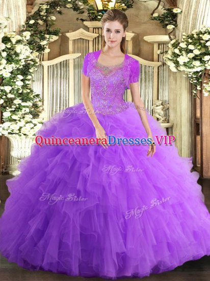 Flare Lavender Clasp Handle Quince Ball Gowns Beading and Ruffled Layers Sleeveless Floor Length - Click Image to Close
