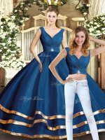 Most Popular Sleeveless Tulle Floor Length Backless Sweet 16 Quinceanera Dress in Navy Blue with Beading and Ruffled Layers(SKU SJQDDT1803009BIZ)