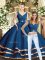 Most Popular Sleeveless Tulle Floor Length Backless Sweet 16 Quinceanera Dress in Navy Blue with Beading and Ruffled Layers