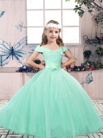 Sleeveless Lace Up Floor Length Lace and Belt Child Pageant Dress