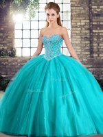Fitting Tulle Sleeveless Quinceanera Gown Brush Train and Beading