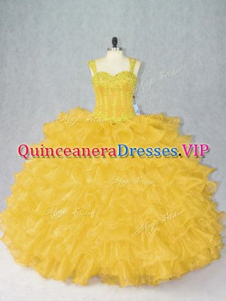 Attractive Straps Sleeveless Organza Quince Ball Gowns Beading and Ruffles Lace Up