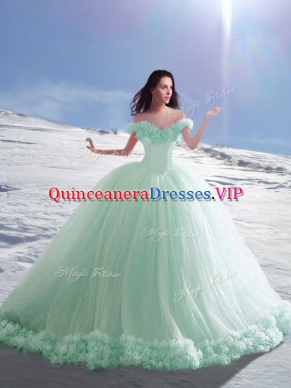 Sophisticated Off The Shoulder Sleeveless 15 Quinceanera Dress Court Train Hand Made Flower Apple Green Tulle - Click Image to Close