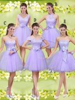 Custom Designed Lilac Tulle Lace Up Court Dresses for Sweet 16 Sleeveless Knee Length Lace and Belt(SKU BMT042-5BIZ)