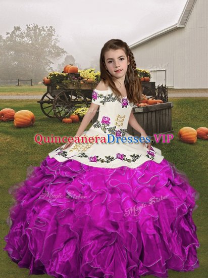 Fashion Fuchsia Organza Lace Up V-neck Sleeveless Floor Length Kids Pageant Dress Embroidery and Ruffles - Click Image to Close