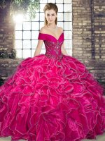 Designer Hot Pink Ball Gowns Beading and Ruffles Sweet 16 Dresses Lace Up Organza Sleeveless Floor Length(SKU SJQDDT2099002-2BIZ)