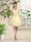 A-line Quinceanera Court of Honor Dress Light Yellow V-neck Tulle Sleeveless Knee Length Lace Up