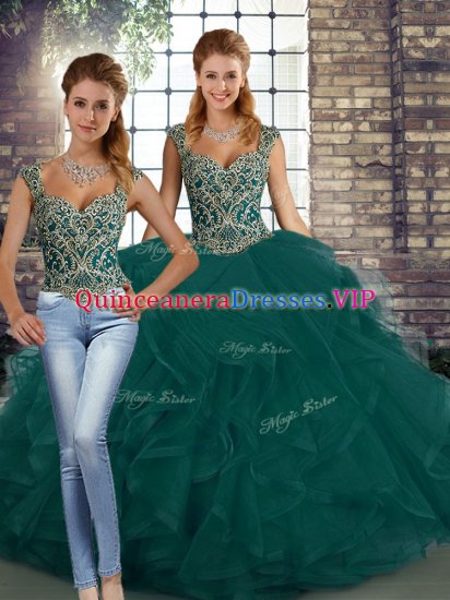 Peacock Green Sleeveless Beading and Ruffles Floor Length Quinceanera Gowns - Click Image to Close