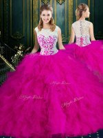 Scoop Floor Length Zipper Sweet 16 Dresses Fuchsia for Military Ball and Sweet 16 and Quinceanera with Lace and Ruffles