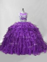 Pretty Purple Sleeveless Brush Train Beading and Ruffles Quinceanera Dress