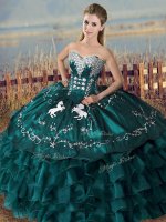 Most Popular Satin and Organza Sleeveless Floor Length Quinceanera Dress and Embroidery and Ruffles