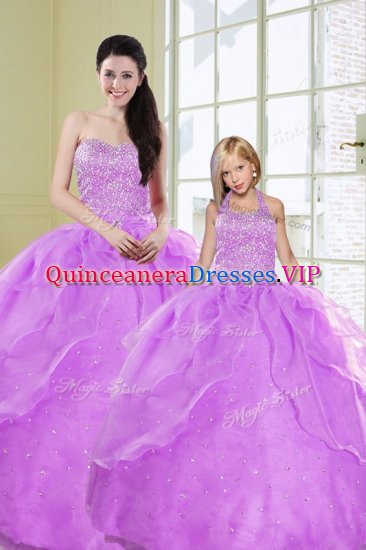 Latest Lilac Ball Gowns Organza Sweetheart Sleeveless Beading and Sequins Floor Length Lace Up Quinceanera Dress - Click Image to Close