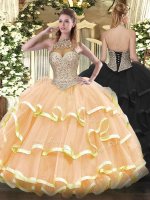 Excellent Peach Ball Gowns Halter Top Sleeveless Organza Floor Length Lace Up Beading and Ruffled Layers Ball Gown Prom Dress
