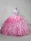 Delicate Organza Straps Sleeveless Brush Train Lace Up Beading and Ruffles and Pick Ups Sweet 16 Dresses in Pink