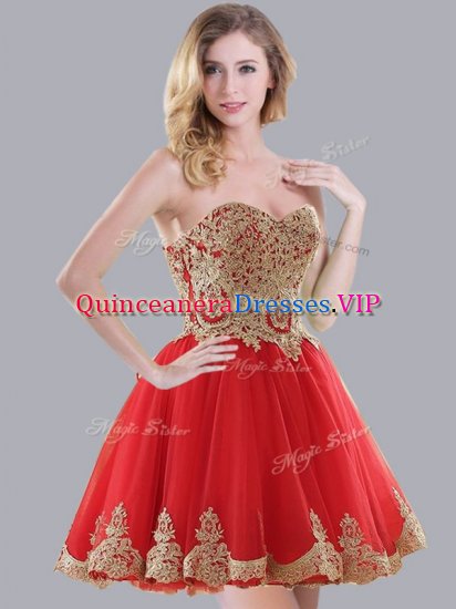 Admirable Red A-line Sweetheart Sleeveless Tulle Mini Length Lace Up Appliques Quinceanera Court Dresses - Click Image to Close