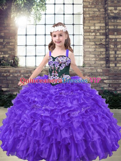 Customized Purple Sleeveless Floor Length Embroidery Lace Up Party Dress for Toddlers - Click Image to Close