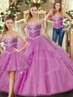 Sleeveless Floor Length Beading Lace Up Sweet 16 Dress with Lilac