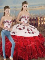 Sexy White And Red Organza Lace Up Sweet 16 Dress Sleeveless Floor Length Embroidery and Ruffles and Bowknot