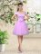Affordable Cap Sleeves Tulle Knee Length Lace Up Dama Dress in Lilac with Lace and Belt