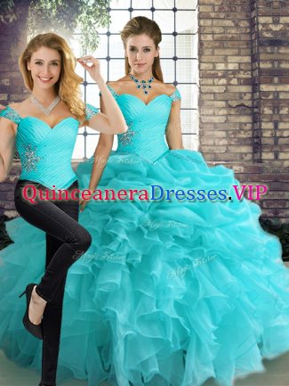 Floor Length Lace Up Vestidos de Quinceanera Aqua Blue for Military Ball and Sweet 16 and Quinceanera with Beading and Ruffles and Pick Ups