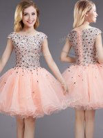 Pink Ball Gowns Beading and Sequins Dama Dress Lace Up Organza Cap Sleeves Mini Length