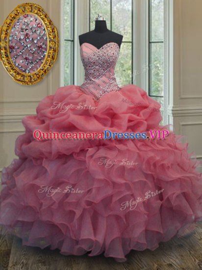 Glittering Pick Ups Sweetheart Sleeveless Lace Up Sweet 16 Dress Pink Organza - Click Image to Close