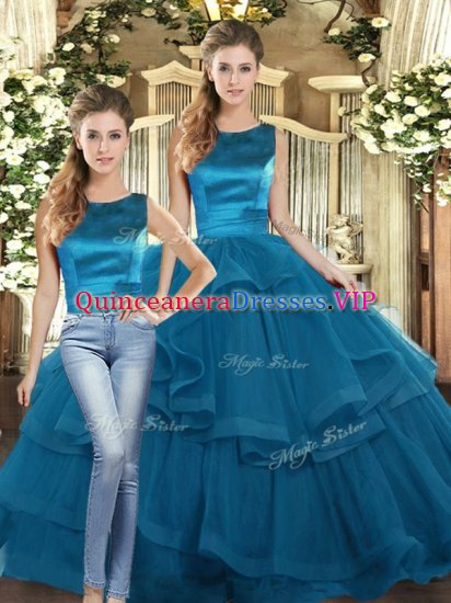 Inexpensive Scoop Sleeveless 15 Quinceanera Dress Floor Length Ruffles Teal Tulle - Click Image to Close