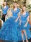 Floor Length Lace Up Quinceanera Gowns Blue for Military Ball and Sweet 16 and Quinceanera with Beading and Ruffles