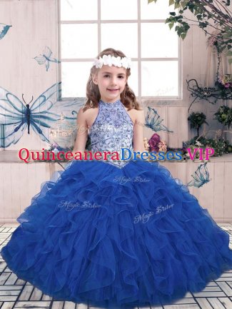 New Arrival Blue High-neck Lace Up Beading and Ruffles Kids Pageant Dress Sleeveless